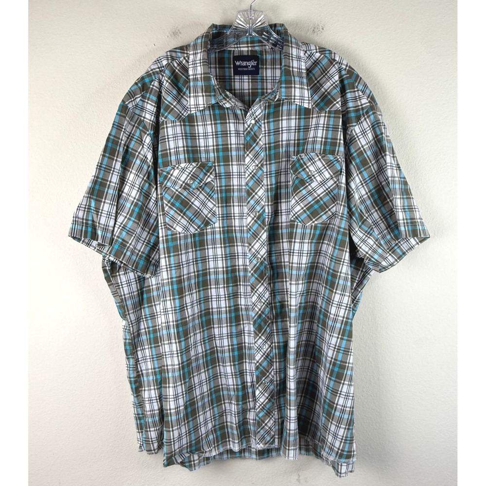 Wrangler Western Shirt Mens 2XL Plaid Short Sleeve Pearl Snap Brown Turquoise